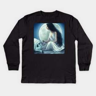 Beautiful Moon Goddess with Wolf #werewolf #moongoddess #fantasy Kids Long Sleeve T-Shirt